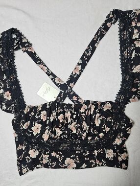 Free People Black Floral Smocked Crop Top with Blush Accents